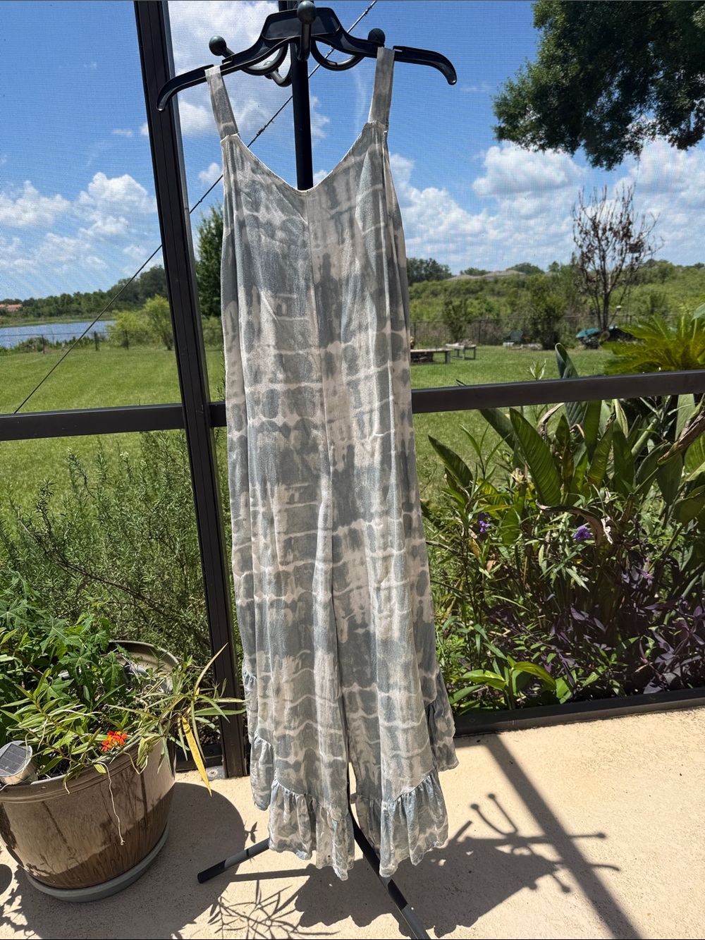 Light Gray Tie-Dye Sleeveless Jumpsuit /romper with Ruffle pants Hem